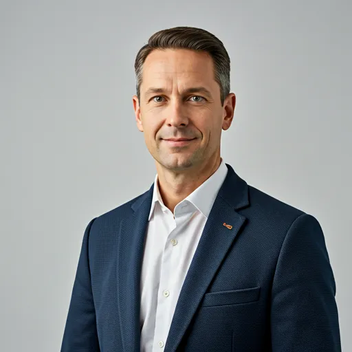 A professional studio portrait of a male trainer in his 40s wearing a high-quality navy blue blazer and white shirt.