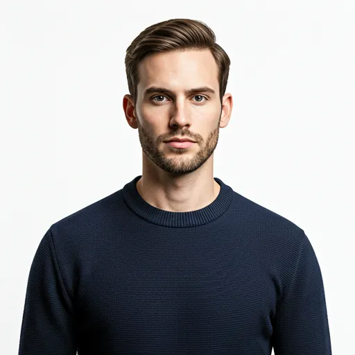 A professional studio portrait of a male tech trainer in his early 30s, wearing a high-end minimalist sweater.