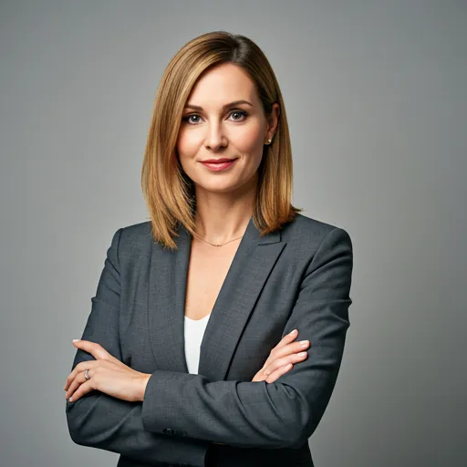 A professional studio portrait of a female trainer in her 30s with an elegant, modern professional appearance.