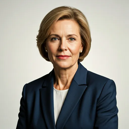 A professional studio portrait of a senior female executive trainer in her 50s.